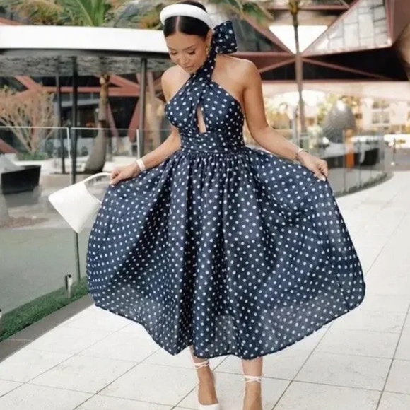 ZIMMERMANN High Tide Linen-Silk Halter Midi Dress Blue Polka Dot-Size 1 - Picture 1 of 5